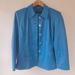 Vintage Liz Claiborne 100% Leather Women’s Medium Blue Button Coat Jacket FLAWED